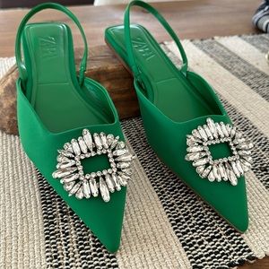 ZARA 💚 Shimmery Flat Slingback Pointy Shoes 9 NEW Rhinestone GLAM Green Mules
